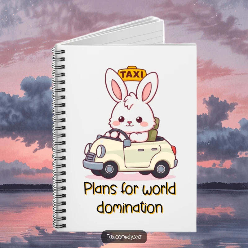 Funny fluffy bunny signaling as taxi driver, nodding approval, creative funny gift notebook for organization.