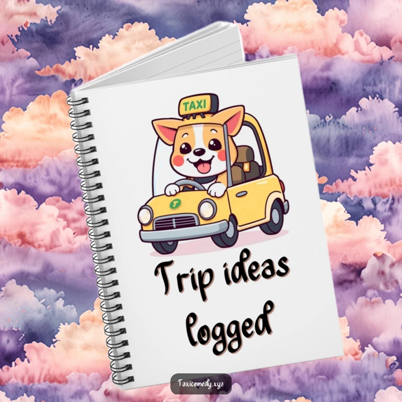 Funny notebook cover with a happy dog character smiling while driving a stylized taxi, perfect for journaling.