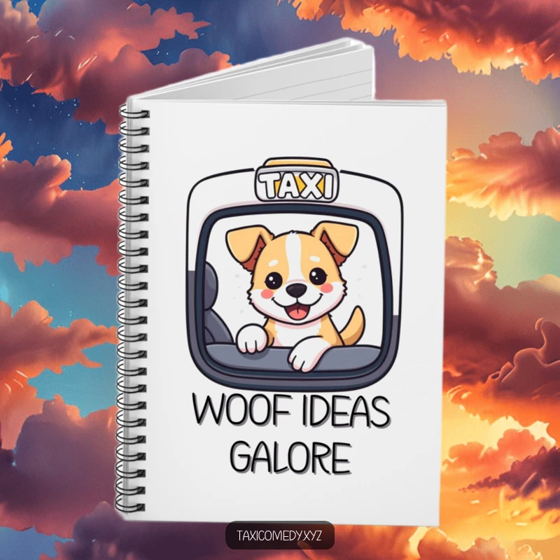 Dog sticking its head out of a taxi window on the cover of a charming notebook.