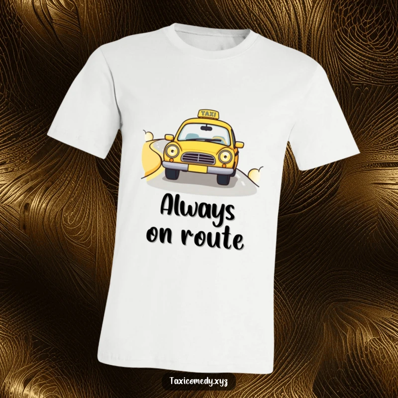 Funny t-shirt featuring a cute taxi cab with big, happy headlights driving down a winding road, showcasing fun and adventure.