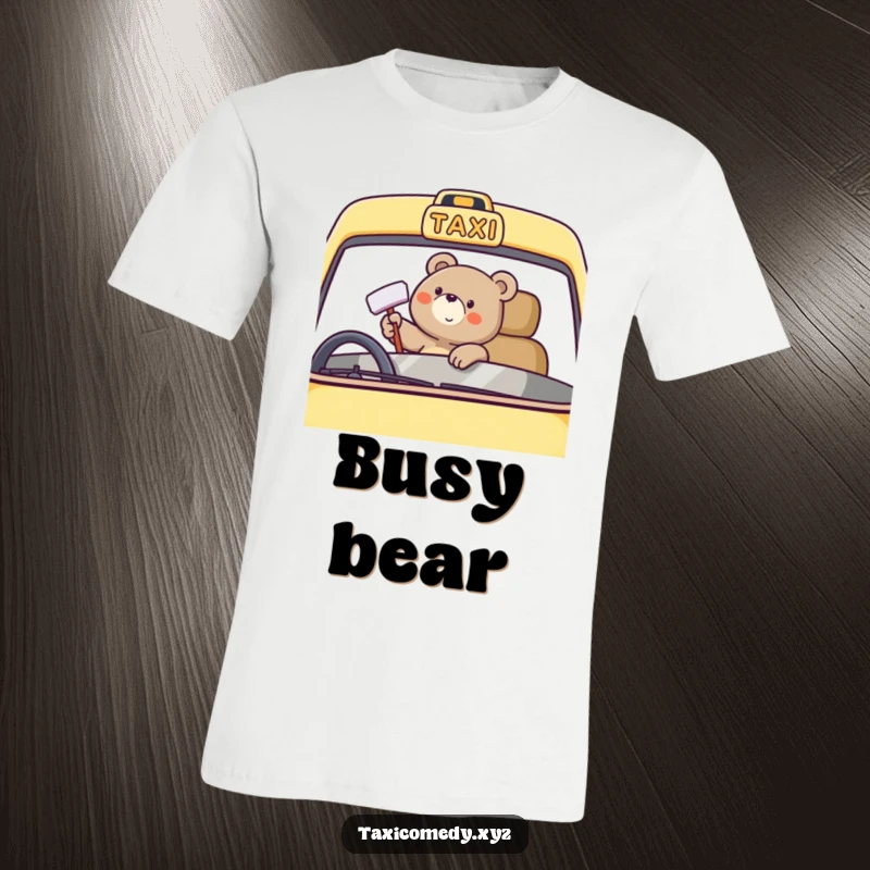 Funny bear character diligently polishing the windshield of a taxi with a cheerful expression on a t-shirt.