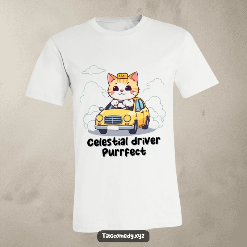Funny t-shirt showcasing a cat driving a taxi down a road made of clouds, a surreal and humorous design for everyday wear.