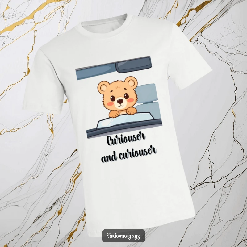 Funny bear cub taxi t-shirt, cute bear cub looking through car window, adventurous and humorous wildlife graphic.