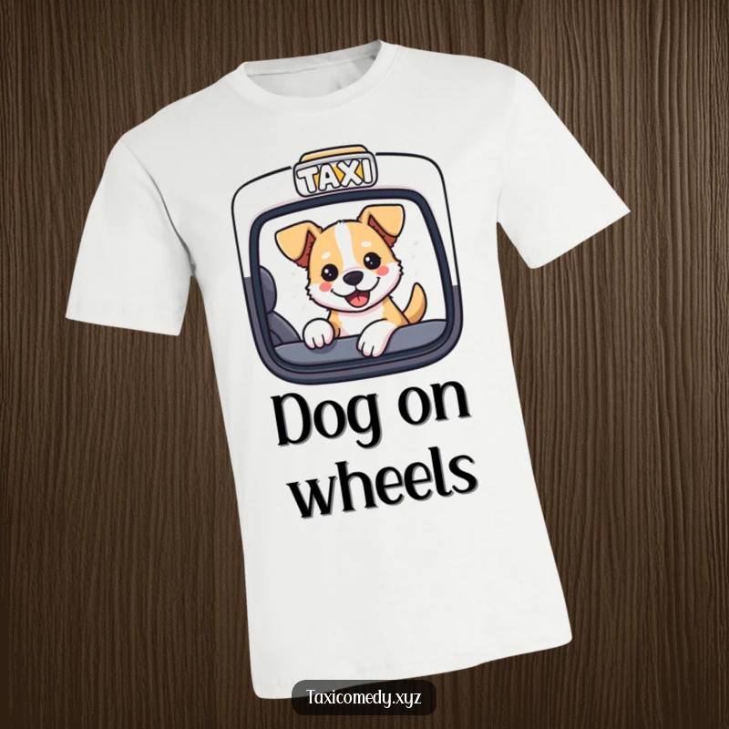 A playful dog sticking its head out of a car window, looking thrilled, on a t-shirt.