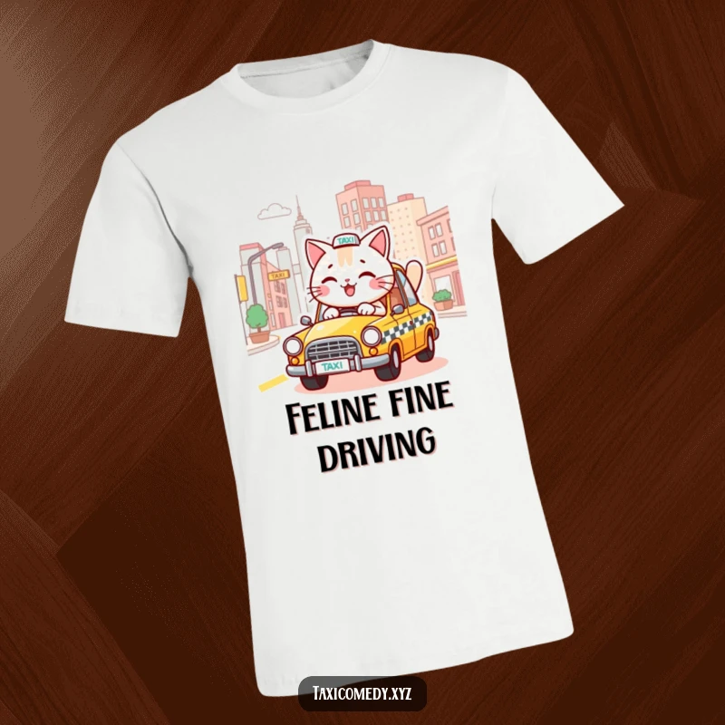 Funny t-shirt showing a happy cat driving a taxi through a stylized city, embodying a cheerful and adventurous personality.