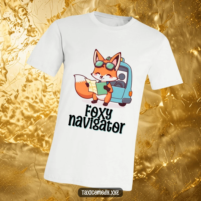Funny t-shirt graphic of a cunning fox holding a map and confidently giving directions to a taxi driver, highlighting intelligence and a sense of humor.