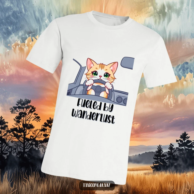 Funny cat driver t-shirt, a cat with paws on the steering wheel, eyes wide with excitement for a drive.