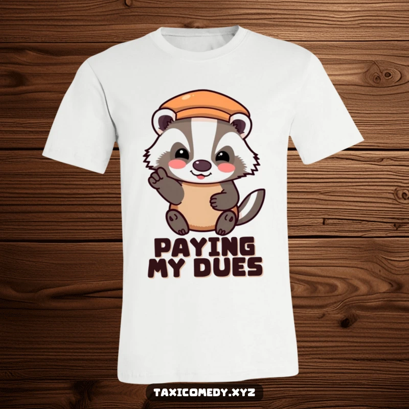 Funny t-shirt depicting a badger character showing a happy, grateful nod while paying for a taxi ride, embodying good manners.