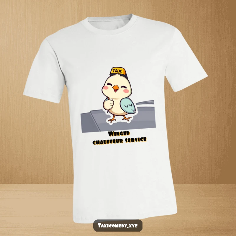 Funny bird t-shirt featuring a bird acting as a taxi driver and giving a cheeky wink. A fun avian design.