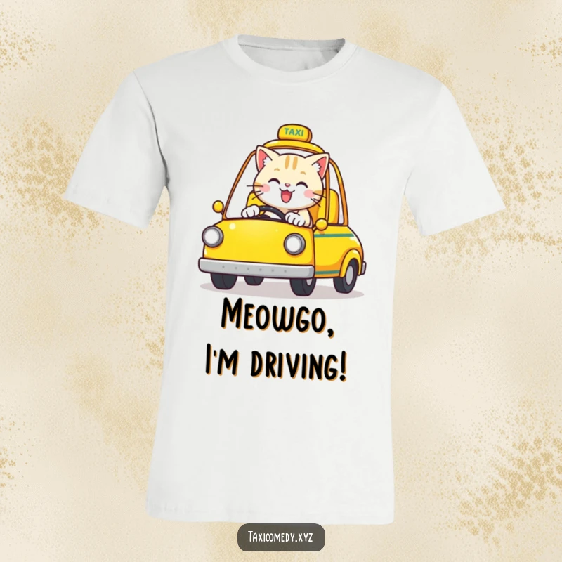 Funny Cat T-Shirt: A happy cat drives a yellow open-top taxi, radiating joy.