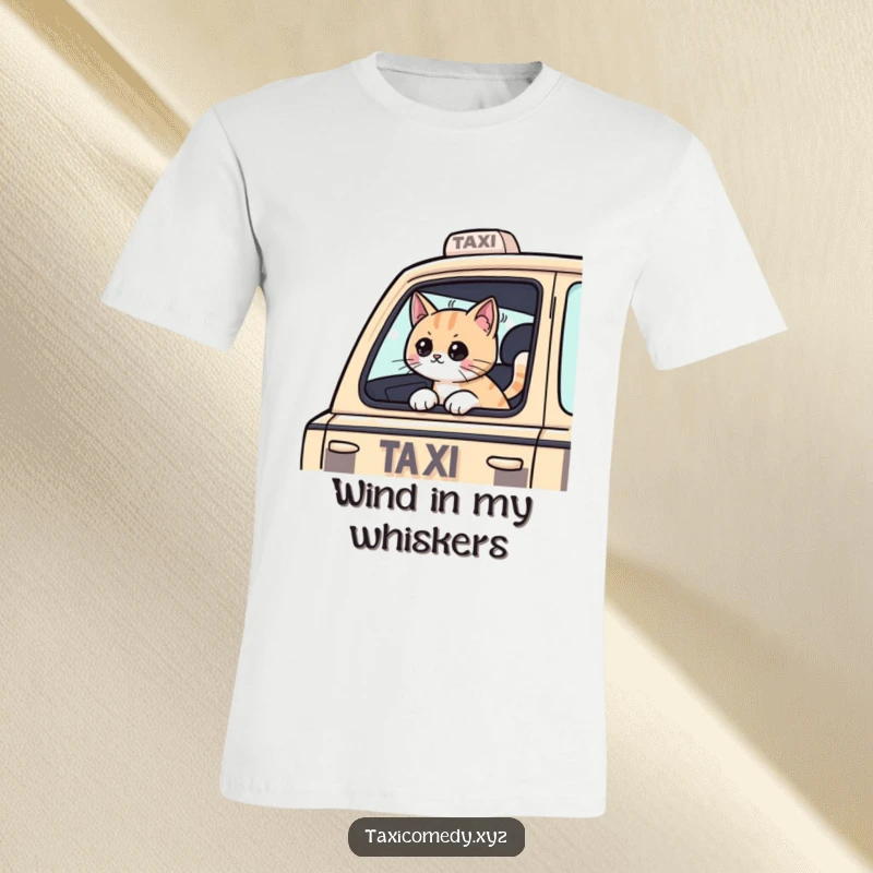 Funny Cat t-shirt depicting a cat passenger with its head out of a taxi window, experiencing the wind with glee. A humorous top.