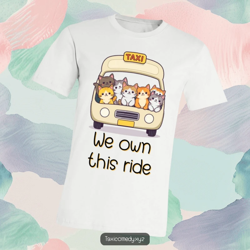 Funny cat taxi t-shirt featuring a cheerful group of cats crammed into a taxi, enjoying a shared, humorous journey together.