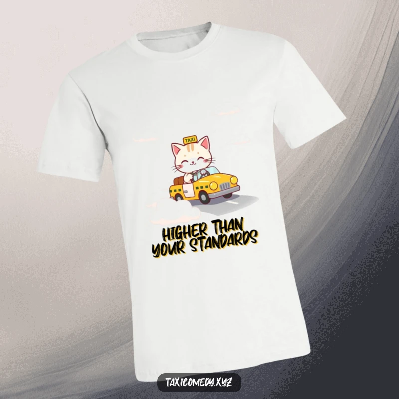Funny t-shirt design of a cat steering a taxi as it drives down a road constructed from soft, white clouds.