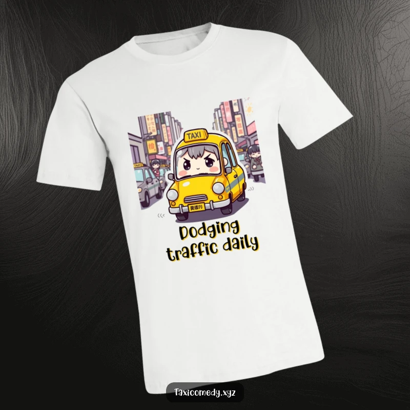 Funny Determined Taxi T-Shirt featuring a taxi character with a determined expression navigating crowded city streets, symbolizing urban navigation humorously.