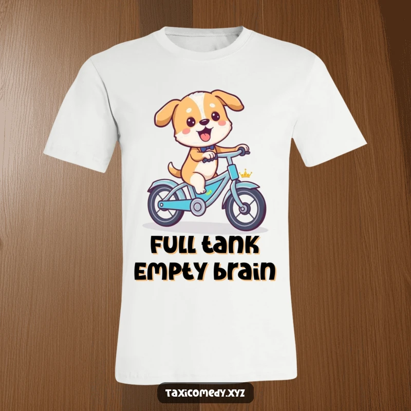 Funny dog energetically pedaling a small taxi like a bicycle, an absurd and amusing t-shirt design.