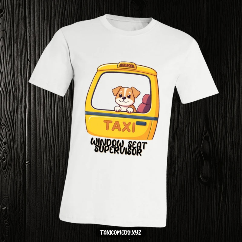 Funny dog taxi t-shirt, happy dog looking out taxi window, vibrant city backdrop, a humorous and relatable graphic tee.