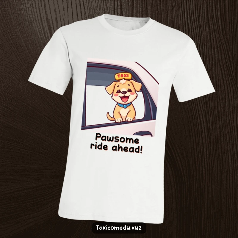 Funny energetic puppy with head out taxi window, barking happily, ideal funny gift for dog enthusiasts.