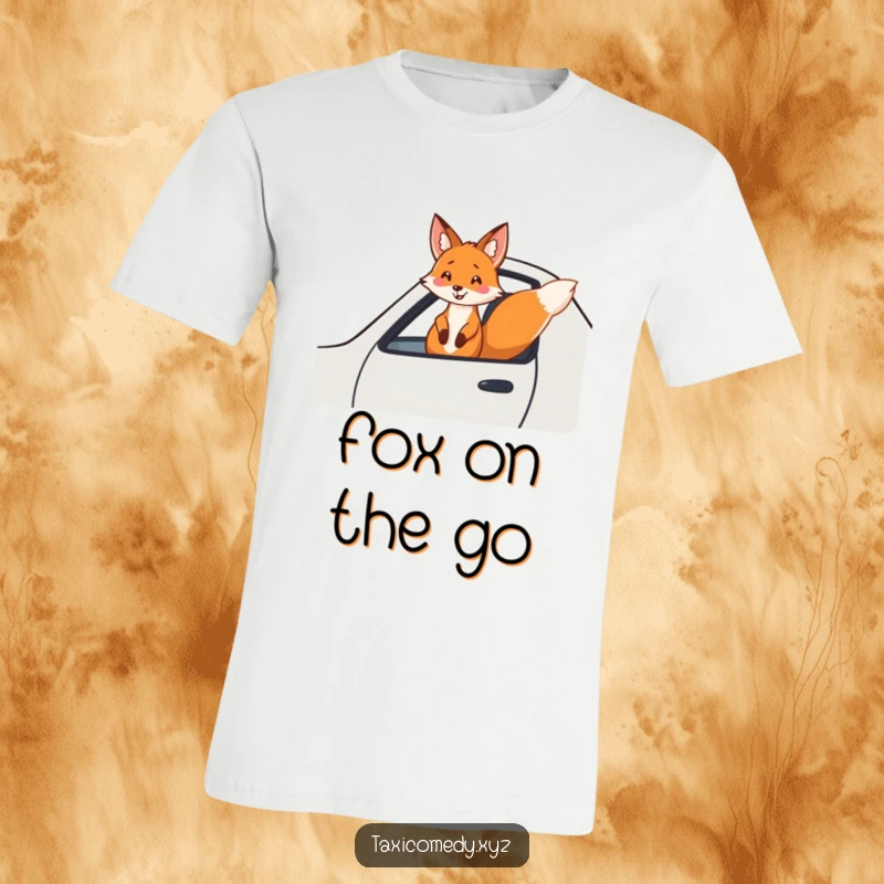 Funny fox t-shirt featuring a cheerful fox enjoying a fast taxi ride with its head out the window. A fun design.