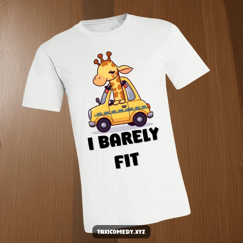 Funny giraffe character humorously contorting to fit into a tiny yellow taxi, showcasing comedic struggle.