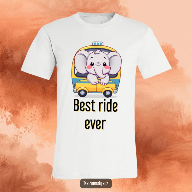 Funny t-shirt of a joyful elephant with big smiles, looking out the window of a toy taxi, conveying happiness and adventure.