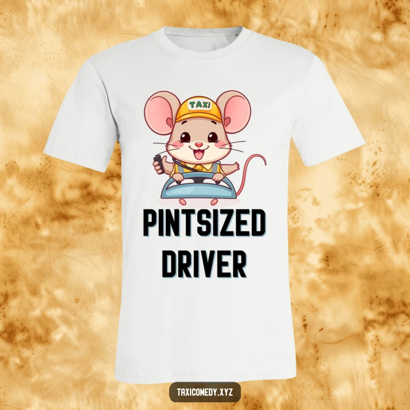 Funny t-shirt: a happy mouse in a dispatcher booth cheerfully directs taxis with a headset and a big smile.
