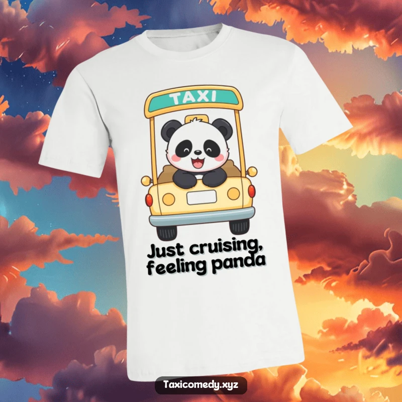 Funny panda with a look of pure joy riding in an open-top taxi. This t-shirt is a humorous celebration of freedom and fun.