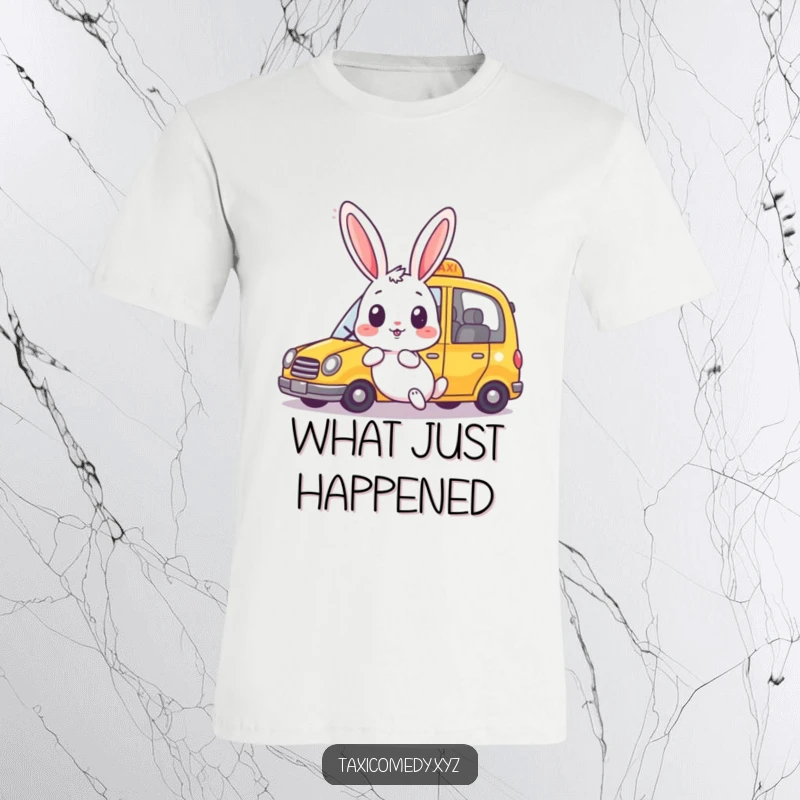 Funny rabbit t-shirt with a surprised expression as a taxi speeds past happily. A witty design for urban dwellers.