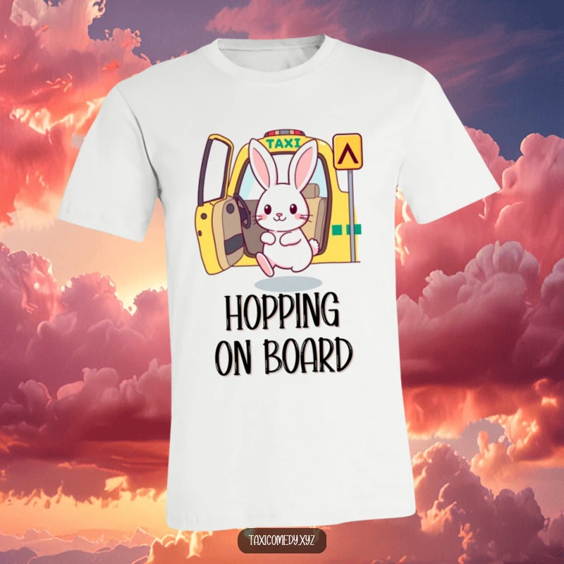 A rabbit in mid-hop, entering a taxi with great enthusiasm, printed on a comfortable t-shirt.