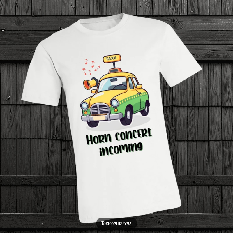 Funny Musical Taxi T-Shirt with a whimsical taxi horn emitting musical notes, perfect for expressing a love for music and city life humorously.