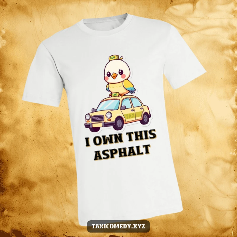 Funny t-shirt featuring an energetic bird humorously perched on the roof of a city taxi cab.