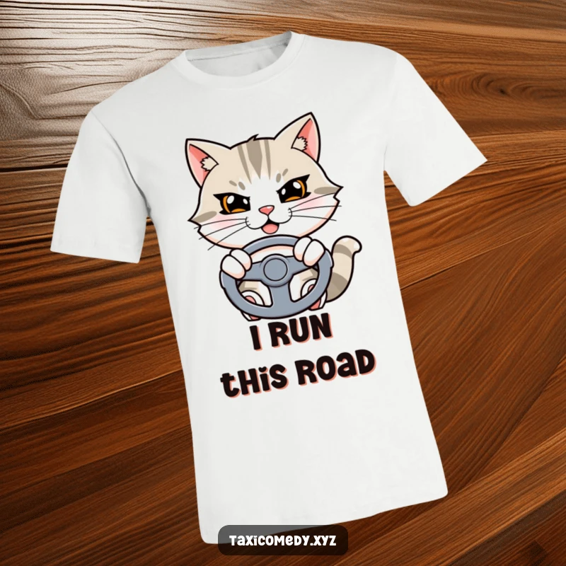 Funny cat t-shirt depicting a determined cat character with a grin, gripping a steering wheel.