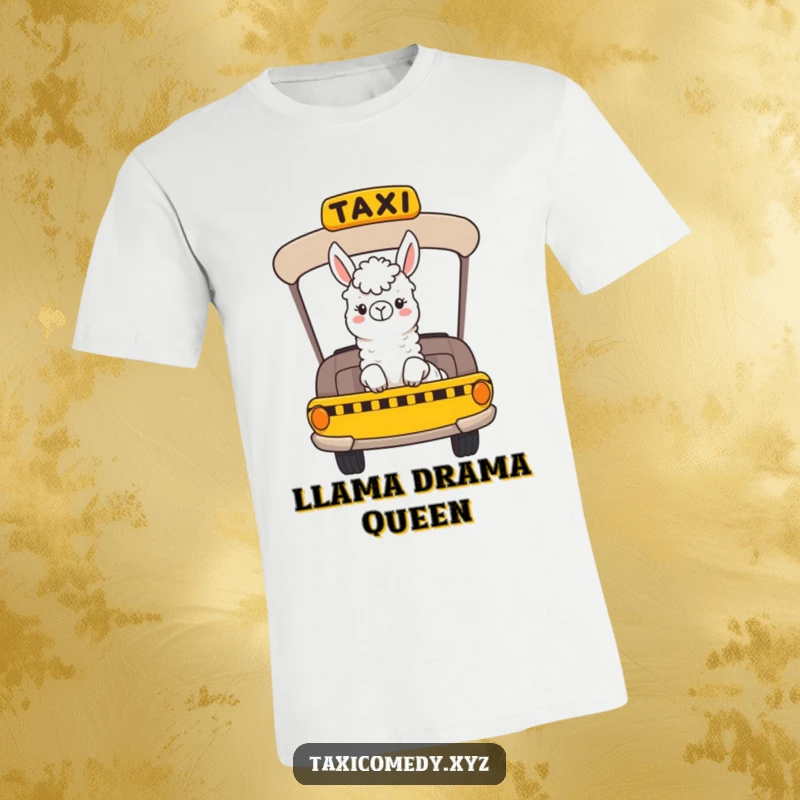 Funny t-shirt depicting a cheerful llama character enjoying a taxi ride, looking out the window with a happy expression, ready for fun.