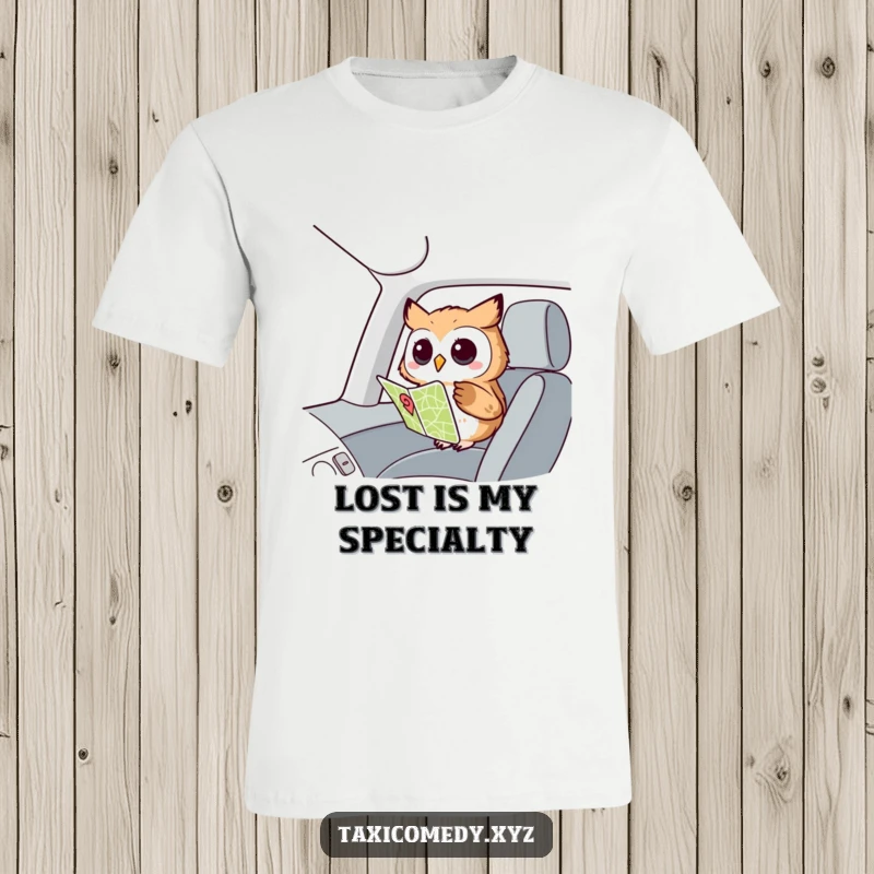 Funny Owl Navigator T-Shirt: A curious owl looking at a map in the passenger seat, representing a love for exploration and discovery.