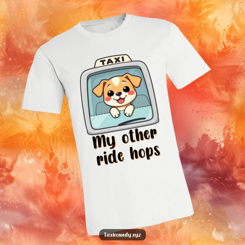 Funny Dog Taxi T-Shirt: A cheerful dog with its head out of a car window, symbolizing fun road trips and happiness.
