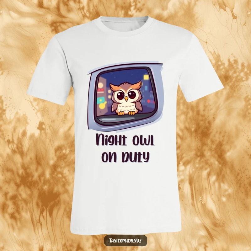 Funny owl t-shirt featuring a cheerful owl gazing out a taxi window at night, depicting urban exploration with a smile.