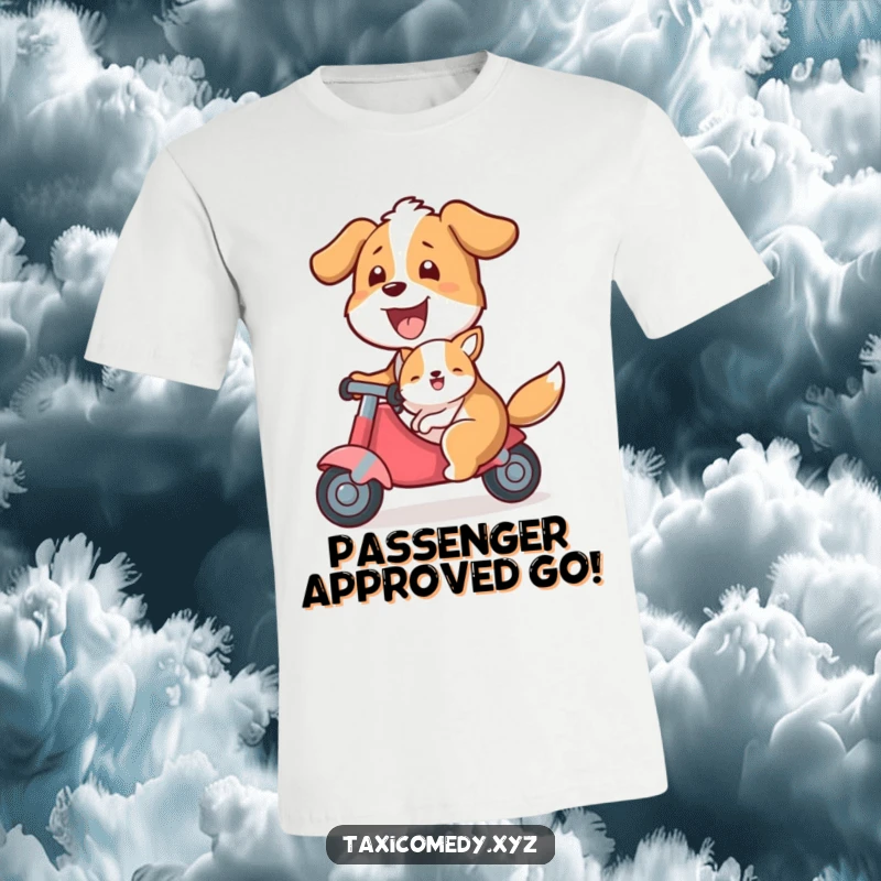 Funny t-shirt of a happy dog giving a ride to a smaller animal, depicting a humorous and heartwarming scene of friendship and fun.