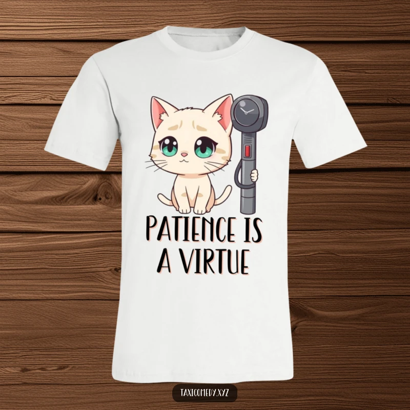 Funny t-shirt featuring a wide-eyed cat staring at a ticking taxi meter, embodying a humorous and curious feline personality.