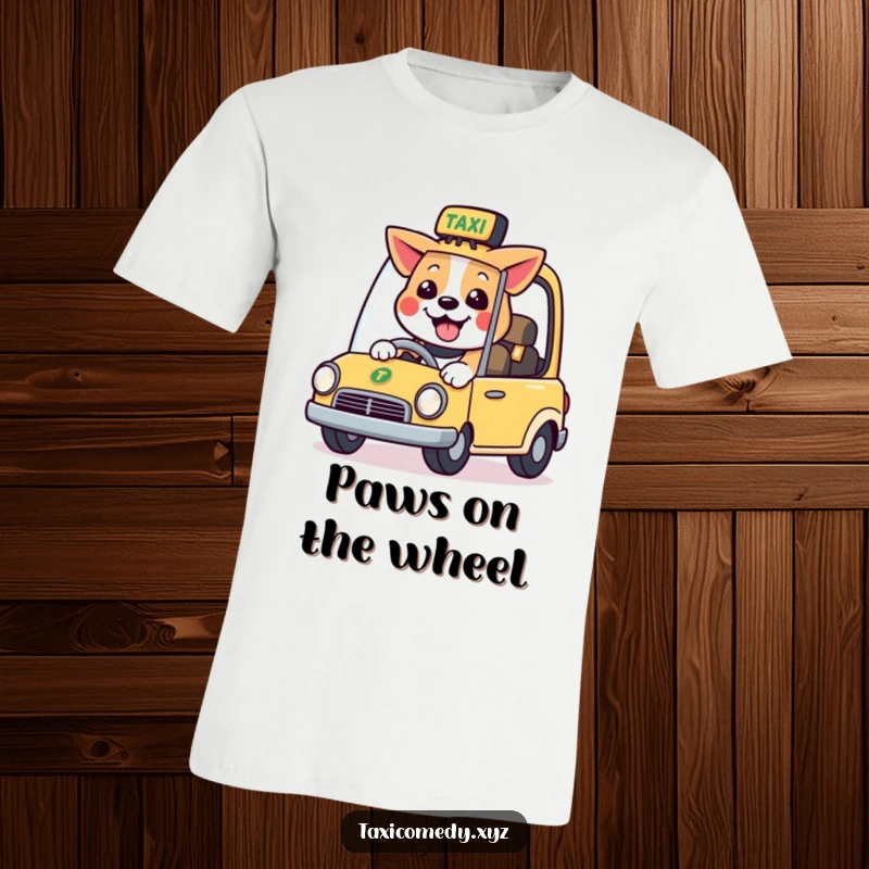 Funny t-shirt with a smiling dog character happily driving a cute, stylized taxi, embodying pure joy.