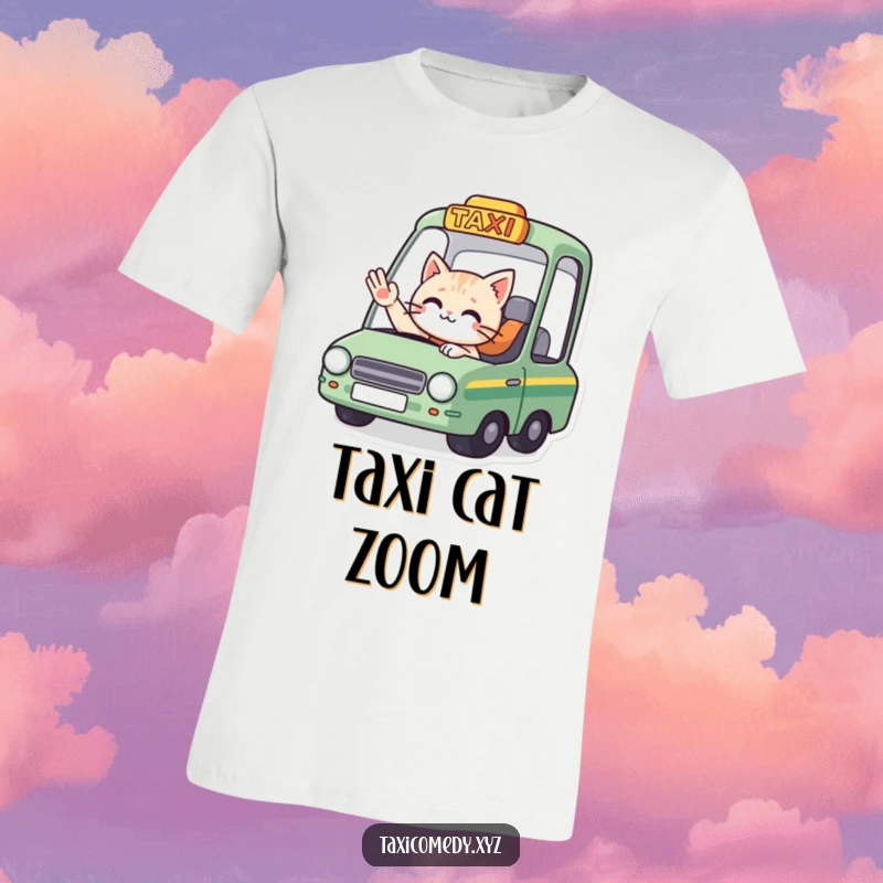 Funny t-shirt: a cat driver in a taxi waves goodbye to a rider, depicting a humorous and friendly departure.