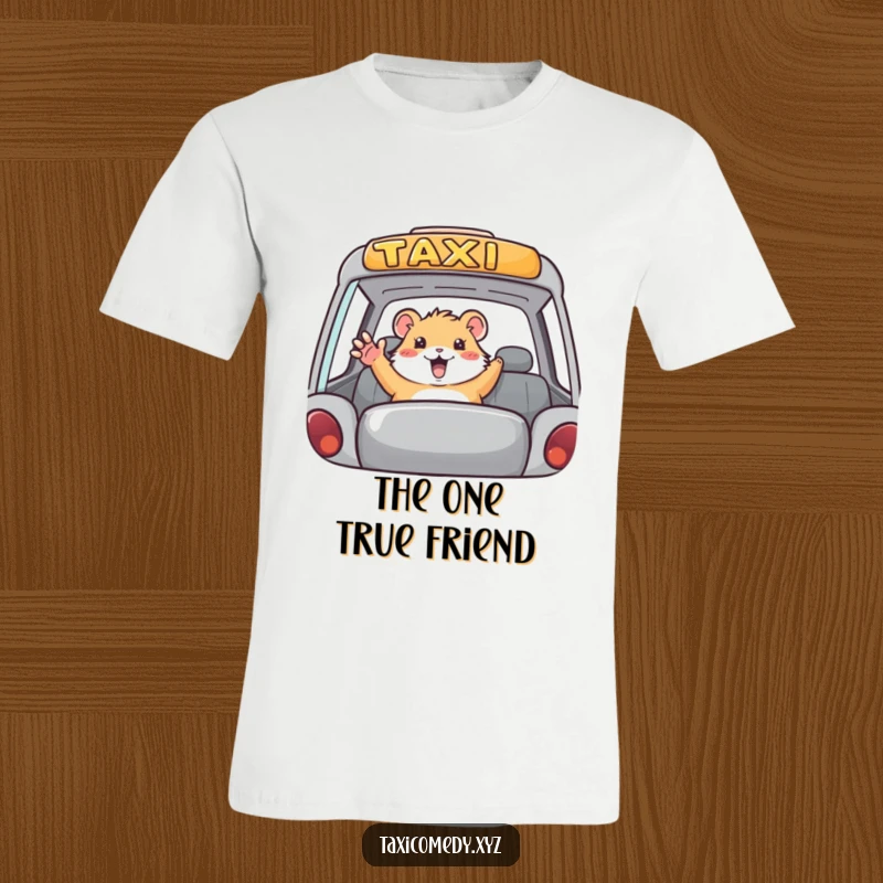 Funny hamster taxi t-shirt, small rodent waving enthusiastically from a car, vibrant and humorous graphic.