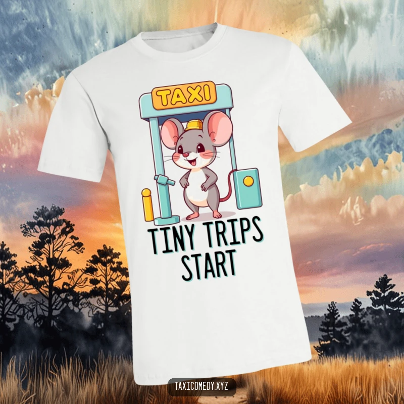 Funny happy mouse character patiently waiting at a taxi stand, embodying humorous anticipation.