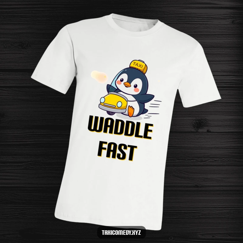 Funny penguin character looking delighted and excited as a taxi speeds by on a t-shirt.