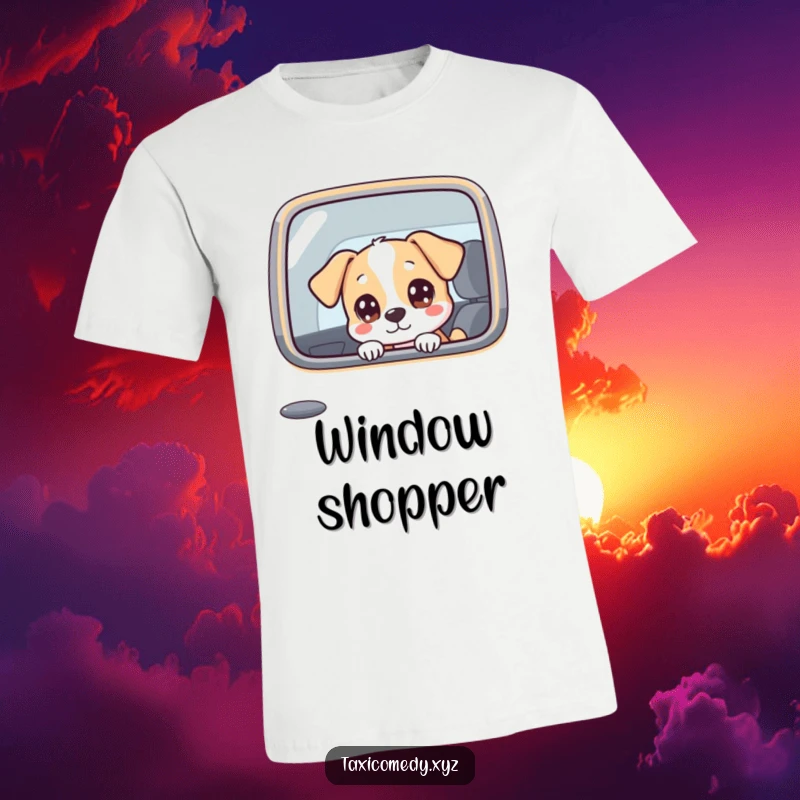 Funny dog character with wide, curious eyes gazing out of a taxi window, showcasing its humorous exploration.