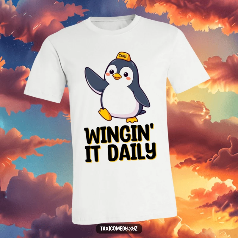 Funny t-shirt showcasing a cheerful penguin with one wing up, humorously trying to hail a taxi, radiating optimistic anticipation.