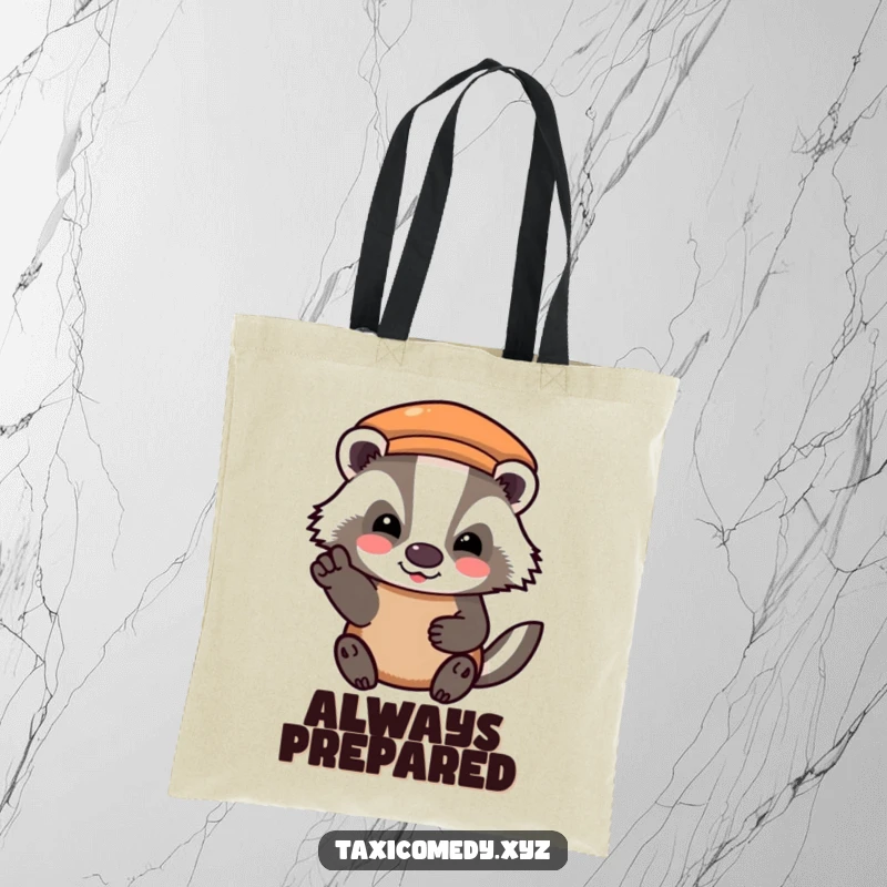 Funny tote bag with a badger character offering a happy, grateful nod after paying the taxi fare, perfect for carrying goods.
