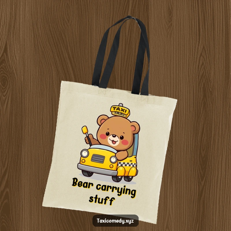 Happy bear flagging down a taxi, designed on a durable and humorous tote bag.