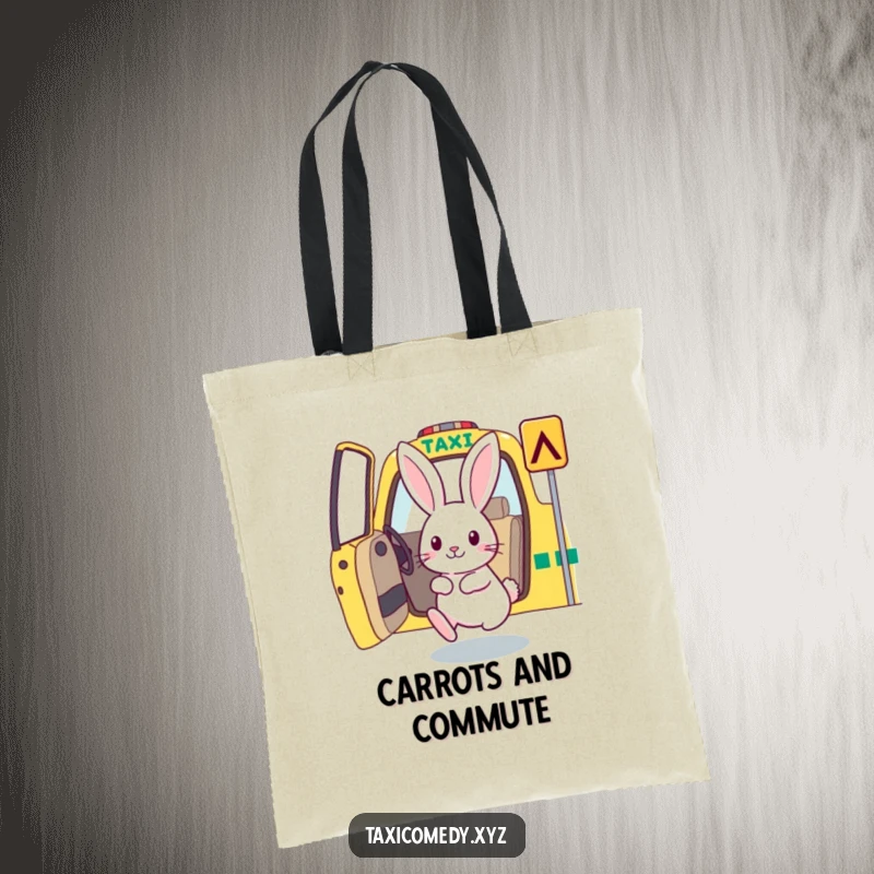 Rabbit hopping into a taxi, designed on a durable and humorous tote bag.
