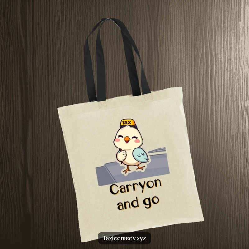 Funny bird tote bag showing a bird acting as a taxi driver and giving a wink. A fun bag.