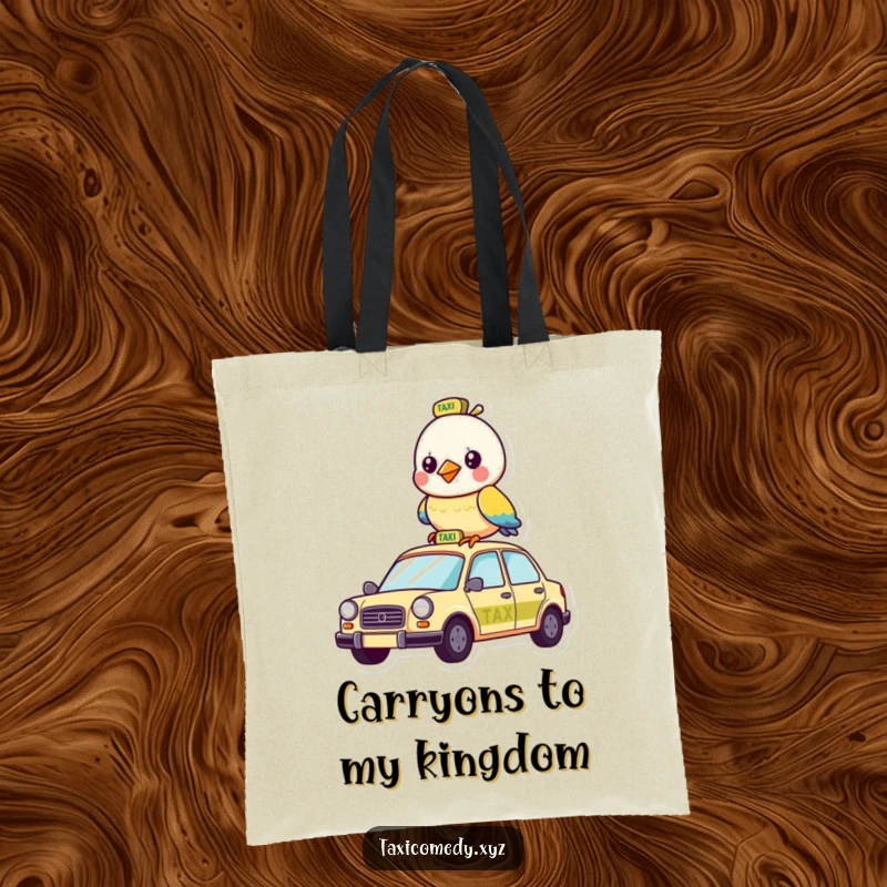 Funny tote bag with a funny bird character giving a taxi ride to its avian passengers.