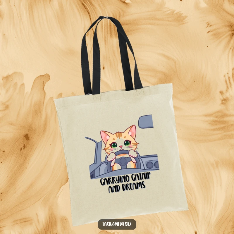 Funny cat driver tote bag, a cat excitedly gripping a steering wheel, ready for a fun car journey.